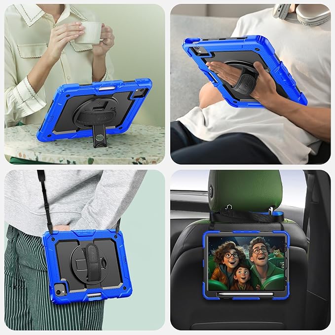 SEYMAC for iPad Air 5th/ 4th Generation Case 10.9 Inch, Full-Body Shockproof Protective Case with Screen Protector, Rotating Stand/Handle/Shoulder Strap/Pencil Holder for iPad Air 5/ Air 4, Blue