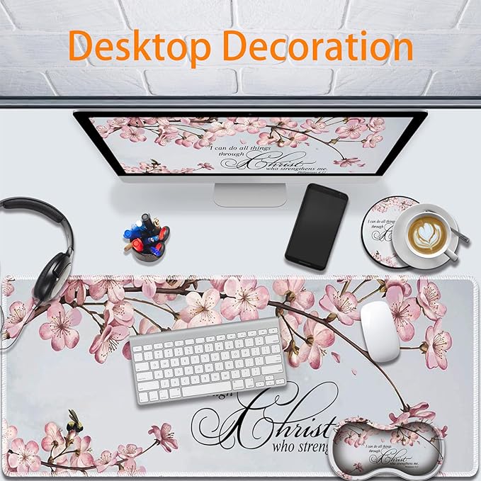 Durable Desk Mat + Wrist Rest Pad + Coasters Set, Large Gaming Office Mouse Pad 31.5 "x 11.8", Extended Non-Slip Rubber Keyboard Pad, Laptop & Home, Philippians 4-13