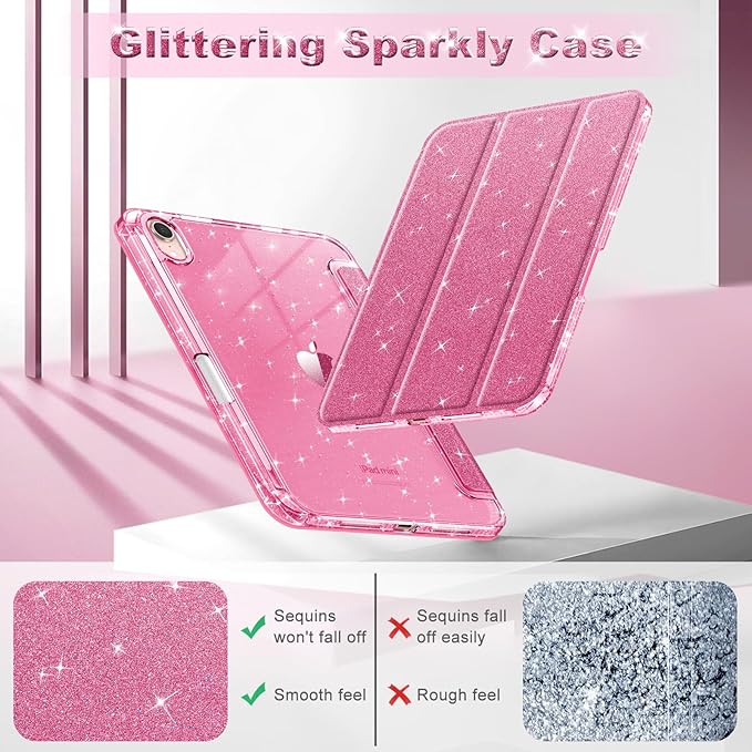 Fintie Slim Case for iPad Mini 7 (A17 Pro, 7th Generation) 2024 / iPad Mini 6 (6th Gen) 8.3 Inch - [Built-in Pencil Holder] Glittering Sparkly Shockproof Cover w/Shiny Clear Back Shell, Pink