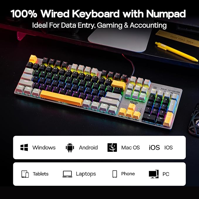 MechLands Aula S500 Wired Gaming Keyboard, 100% Full Size Mechanical Keyboard with Number Pad, 104 Keys, NKRO, RGB Backlits, Shine Through Keycaps, Ergonomic for PC E-Sports (Black&Grey, Blue Switch)