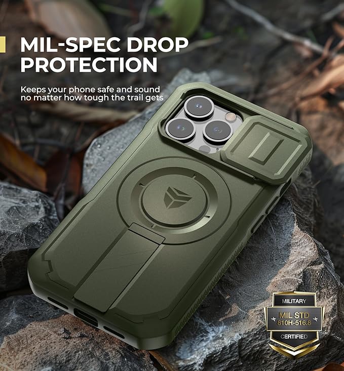 Dexnor for iPhone 13 Pro Case with Slide Camera Cover & Adjustable Kickstand & Built-in Screen Protector, Magnetic Rugged Shockproof Bumper Cases Heavy-Duty Magnetic Protective Cover,Army Green