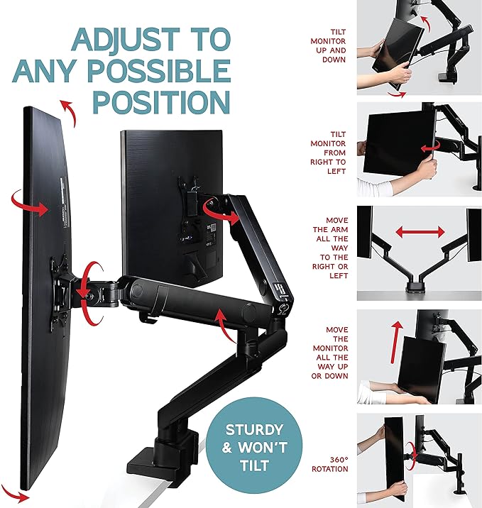 Dual Monitor Arm Stand for 35 Inch Screens - Full Adjustable VESA Mount for 2 Monitors, Heavy Duty Dual Monitor Desk Mount Compatible with C Clamp, Grommet Mounting Base, Holds 26.4lbs per Arm, Black