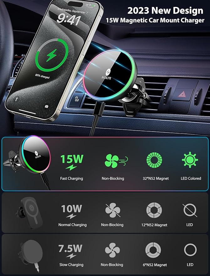 MOKPR for Magsafe Car Mount Charger-15W Wireless Car Charger-Magnetic Car Phone Holder for Dash Air Vent-LED RGB HandsFree Car Mount Fast Car Charger for iPhone 14/13/12 Series