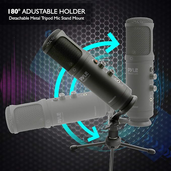 JOVIAL Pyle USB PC Recording Condenser Microphone, Portable Pro Audio Condenser Desk Mic, Blue LED, Adjustable Gain, Headphone Jack, Mute Control, Tripod Stand, for Podcast Streaming Gaming