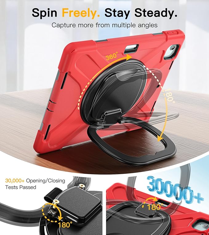 BRAECN Kids Case for iPad Air 13” M4 2026/M3 2025/M2 2024 & iPad Pro 12.9 6th/5th/4th/3rd Gen: Military Grade Silicone Protective Cover with Pencil Holder, Kickstand, Handle Grip, Shoulder Strap, Red