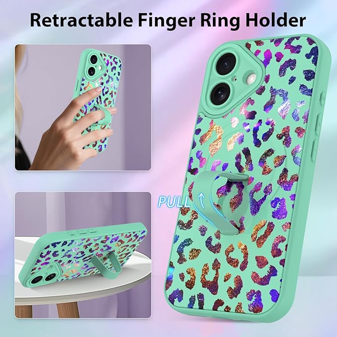 KANGHAR Compatible with iPhone 16 Case, Support for MagSafe, Silicone Cute Iridescent Leopard Cheetah Pattern, Wristband Kickstand Shockproof Protective Slim Cover for Women Girls, Green