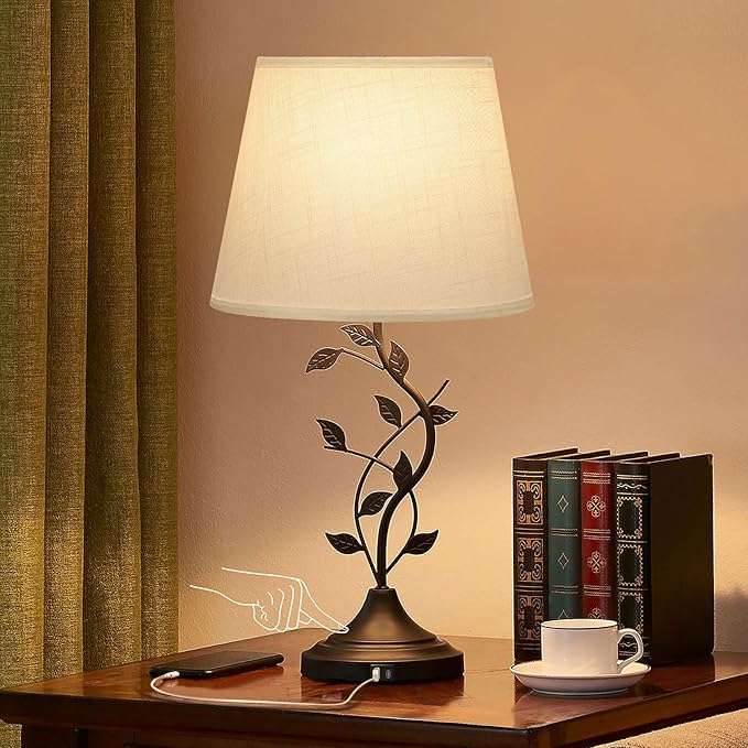 Kakanuo Table Lamp for Bedside, Lamp for Living Room with USB-A and USB-C Charging Ports, Traditional Tall Bedroom Lamp for End Table