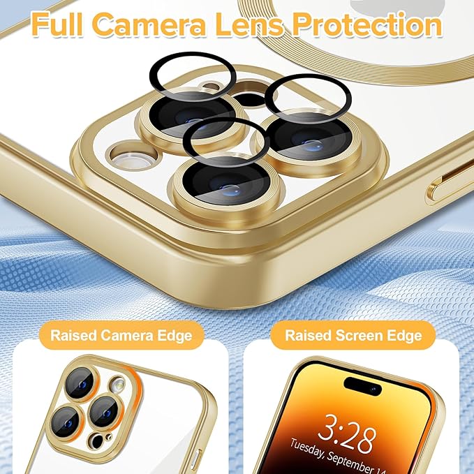 Hython Magnetic Clear for iPhone 14 Pro Max Case with Camera Lens Protector [Compatible with MagSafe] Plating Edge Slim Soft TPU Cover Protective Phone Case for iPhone 14 Pro Max 6.7", Matte Gold