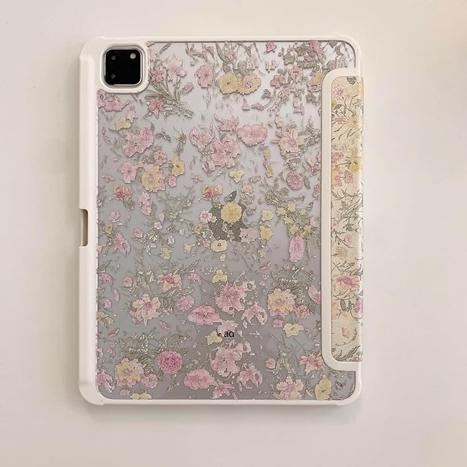 Adjustable Stand Hard PU Clear Back Folio Case for Apple Flowers Floral Pattern Refreshing Classic Vintage Pretty Chic Cute Lovely Girls Women (for iPad Air 3 10.5-inch 3rd Generation 2019)