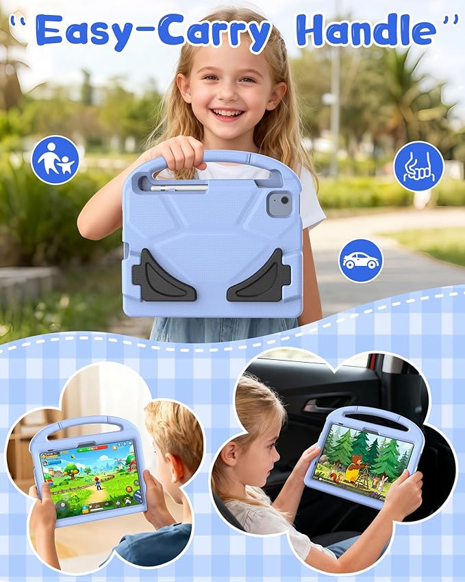 Kids Case for iPad A16 11th Gen 11-Inch 2025 & iPad 10th Generation (10.9" 2022), Durable Shockproof Fully-Body Cover with Screen Protector/Pencil Holder/Stand/Handle for Kids, Light Blue