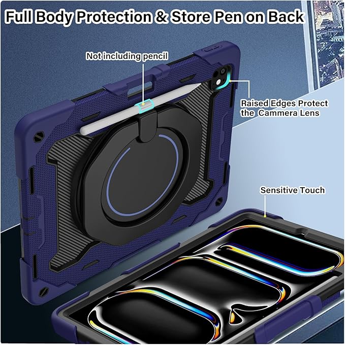 ROISKIN for iPad Pro 13 inch Case (M5 2025 / M4 2024) -with HD Screen Protector, 360 Rotating Kickstand/Handle, Shoulder Strap, Pen Holder, Heavy Duty Military Grade - Kids Friendly