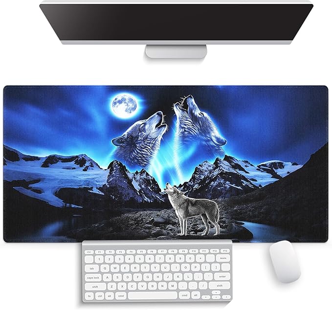 Large Gaming Mouse Pad (31.5" x 15.8") - Wolves Howling at The Moon Grey Wolf Bright Moonlight Great Snowy Mountain, Extra XXL Extended Office Accessories, Premium Stitched Anti-Slip Desk Mat