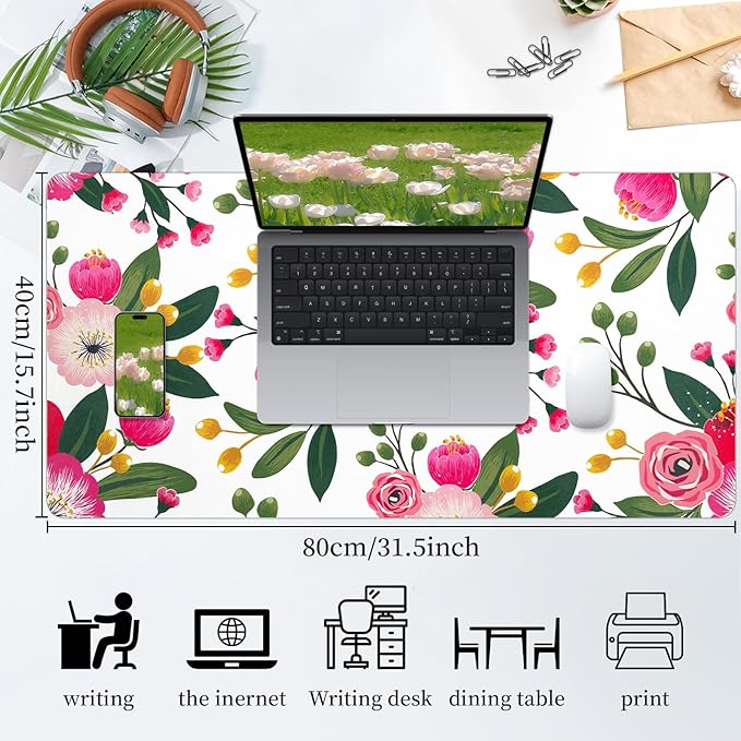 Bloss Pink Floral Desks Mat,Clearance Overstock Limited Stock Discontinued Size 31.5x15.7Inch Large Mouse Pad,Anti-Slip Computer Desk Pad,Keyboard and Mouse Pad,Pink Keyboard Protector Pad Mat