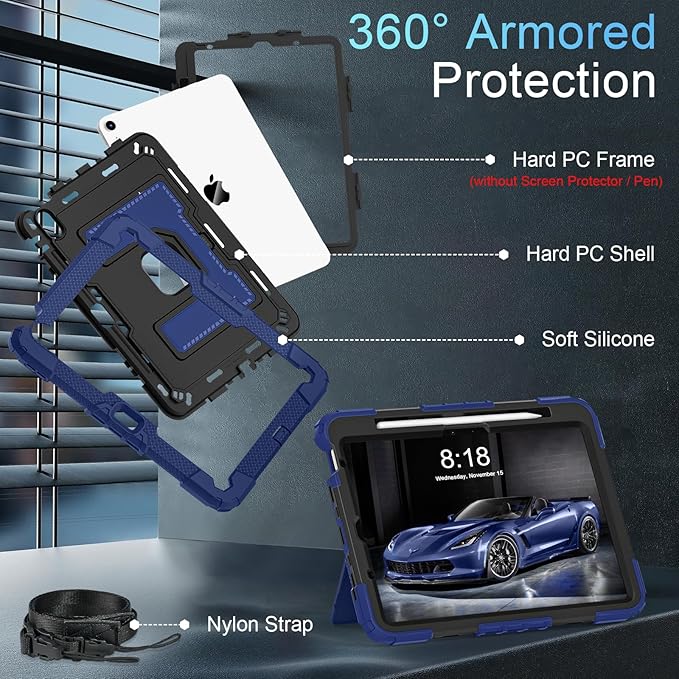 for iPad Air 11 Inch M4 (2026) /M3 (2025) /M2 (2024) iPad Air 5th/4th Generation Case 10.9 Inch (2022/2020),Military Grade Shockproof iPad Air Case 11 Inch with Pencil Holder, Navy Black