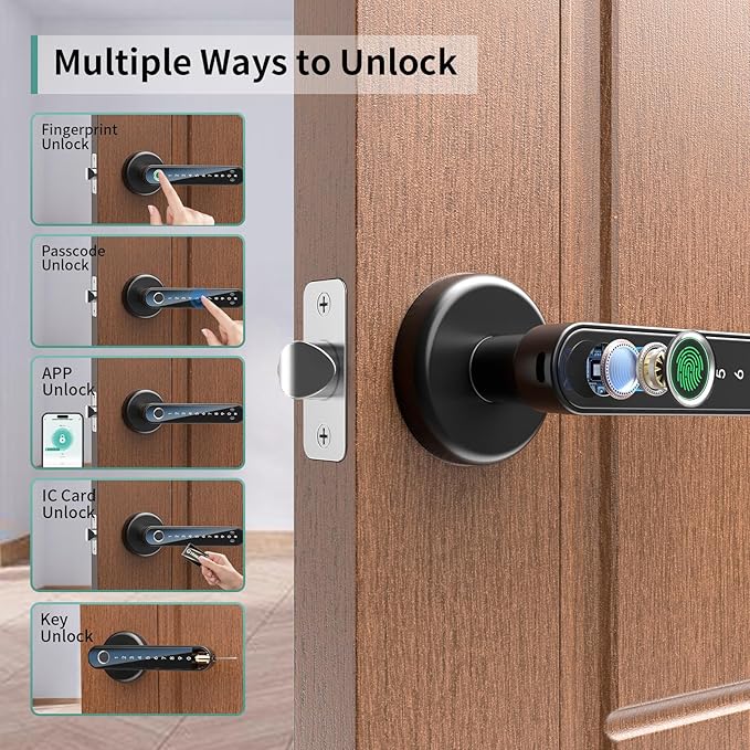 IRONZON Fingerprint Door Handle for bedrooms - 191Y 5-in-1 Fingerprint Door Lock with keypad and app Control, smart knob for Bedroom with Key and NFC, keyless Entry Door Handle - Black