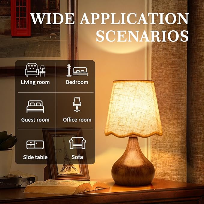 Ziqqeelam Wood Grain Small Table Lamp Touch Control, Farmhouse Bedroom Lamps for Bedside Nightstand, Vintage Small Table Lamps for Small Spaces for Kitchen Counter, Home Office, Kids Dorm, Bookshelf