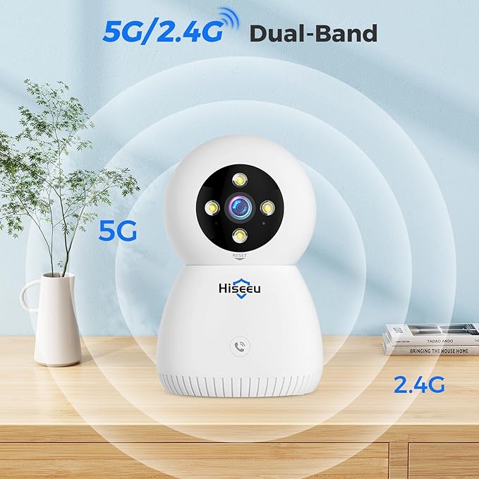 Hiseeu Indoor Security Camera, 2.4G/5G 5MP Pet Camera Baby Monitor, PTZ 360°, Auto Tracking, 2 Way Audio, Night Vision, PIR Detection, No Monthly Fee
