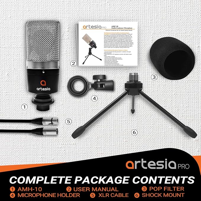Artesia AMC-10 Condenser Microphone with Desktop Stand & 8ft XLR Cable Output, Professional Cardioid Studio Mic with Shock Mount & Pop Filter for Vocal Recording, Podcasting, Music Production