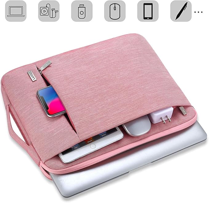 LANDICI 360° Protective Laptop Sleeve 13-14 Inch, Computer Bag Carrying Case for MacBook Air 13 M1/M2, MacBook Pro 13/14, Chromebook 14, Women, Slim, Shockproof, Waterproof, Pink
