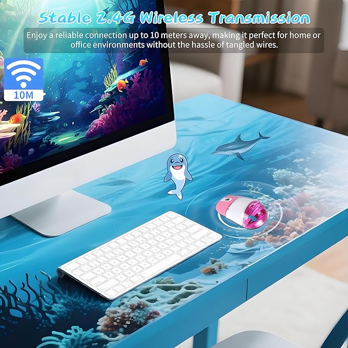 Wireless Mouse -Cute Clear Aqua Design, Water Mouse with Optical Precision, Silent Clicks, Lightweight & Floating Animal Transparent Retro Style for Home Office, Great for Kids & Adult(Dolphin-Pink)