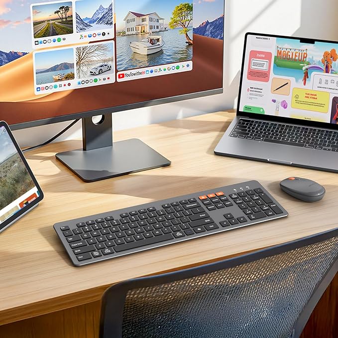 MEETION Wireless Keyboard and Mouse, Ultra Slim Multi-Device Bluetooth Keyboard Mouse, Low-Profile Full Size Keyboard, 1200-3200 DPI Mice, for Computer PC Laptop Tablet iPad, Windows/Mac/iOS