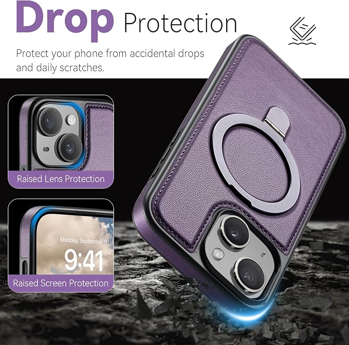 for iPhone 14 Plus Case with Stand Compatible with Magsafe Slim PU Leather & Durable TPU Drop Proof Magnetic Kickstand Protective Cover with Tempered Glass Screen Protector 6.7", Purple