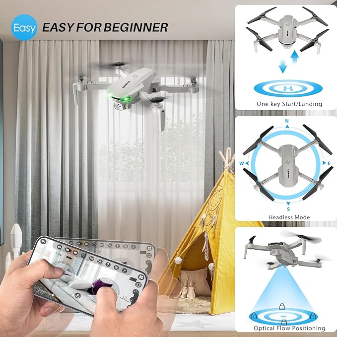 SIMREX Drone With Camera for Kids Beginner & Adults – Foldable RC Quadcopter with Altitude Hold, Optical Flow Positioning , Indoor Mini Drone with One Key Start, Headless Mode, 3D Flip, Gift for Boys & Girls & Teenagers