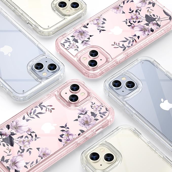 Diaclara Designed for iPhone 15 Plus Case 6.7 Inch Clear Floral Design,Full Body 360 Case w/Built-in Screen Protector+9H Glass Camera Lens Protector (Clear Flower)