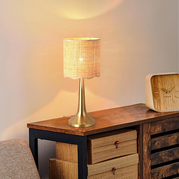 Ziqqeelam Gold Rattan Table Lamp for Bedroom, Brass Cute Wicker Lamps for Bedside Nightstand, Small Table Shape Lamps for Small Spaces for Kitchen Counter, Home Office, Living Room, Kids Dorm