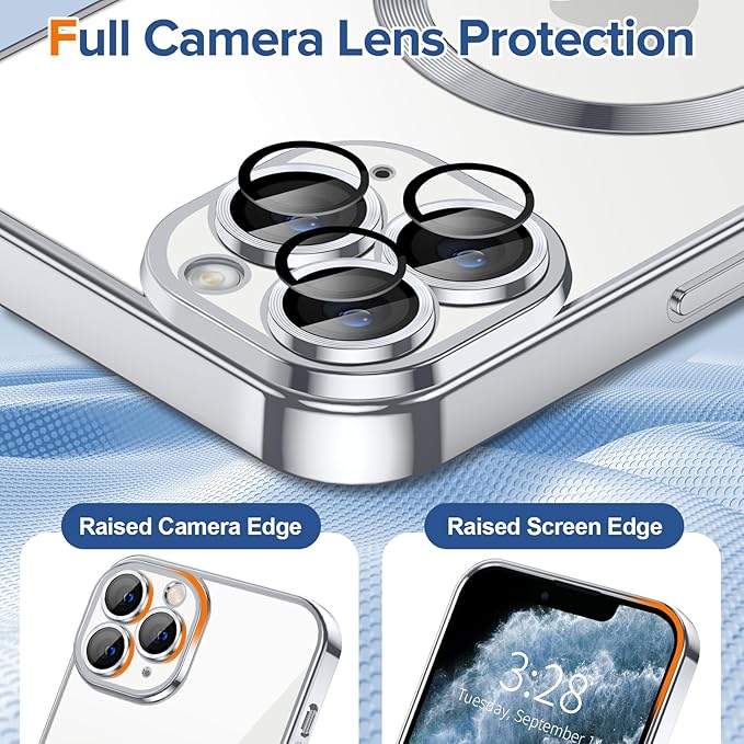 Hython Magnetic Clear for iPhone 11 Pro Max Case with Camera Lens Protector [Compatible with MagSafe] Plating Edge Slim Soft TPU Cover Protective Phone Case for iPhone 11 Pro Max 6.5", Silver