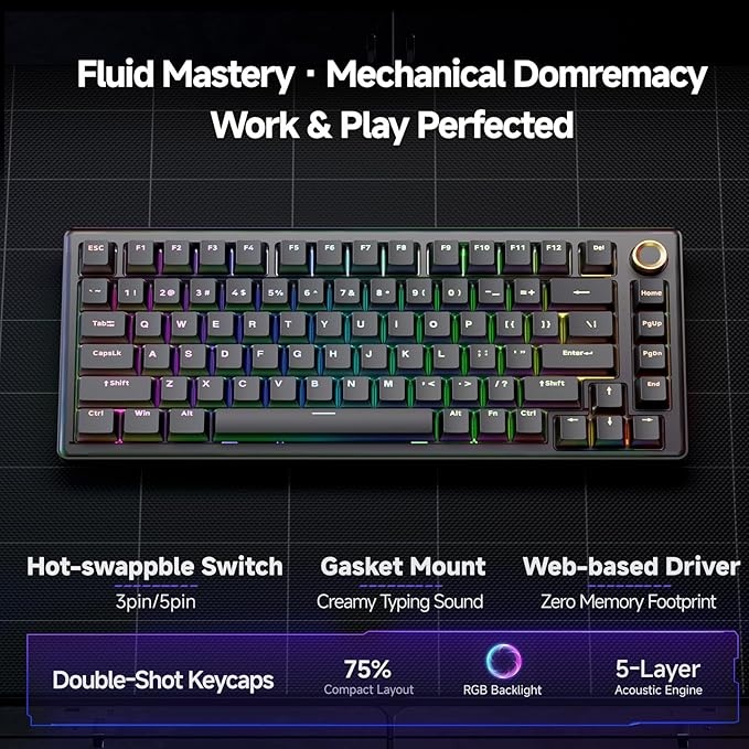 TMKB T81E Mechanical Gaming Keyboard, 75% Gasket Mount Wired Keyboard with Knob & 5-Layer Sound Dampening, Hot-Swappable, RGB Backlit, 82 Keys for Windows/Mac/Linux - Black