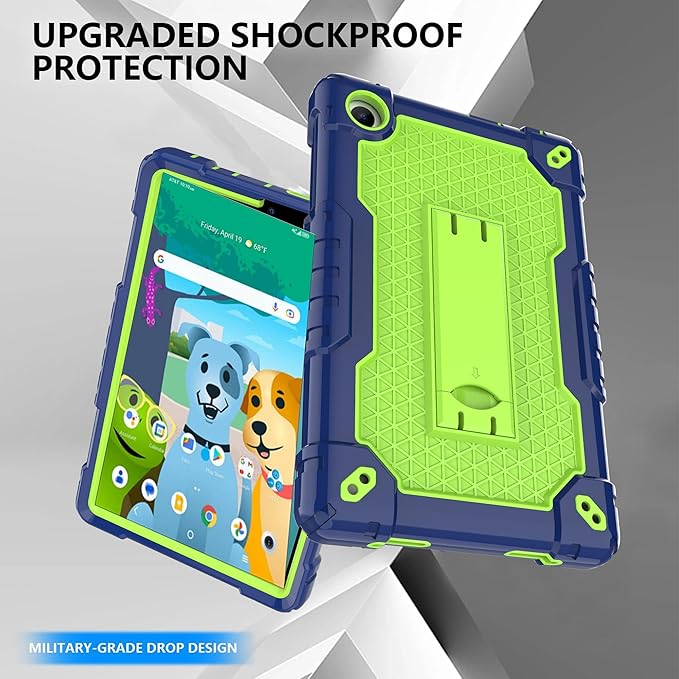 Case for for AT&T Amigo Jr. Tab 8 inch Tablet 9136K - with 2PCS Screen Protector,[Built-in Kickstand] Anti Slip Kids Friendly Shockproof Silicone Protective Cover (Navy/Green+2 PCS Glass)