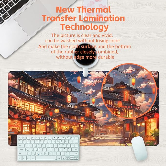 Desk Pad, Japanese Anime Night Street Scene Desk Mat, Anime Street Scene Large Gaming Mouse Pad, 31.5"x15.7" Extended Big Computer Mouse Pad with Non-Slip Base and Stitched Edge