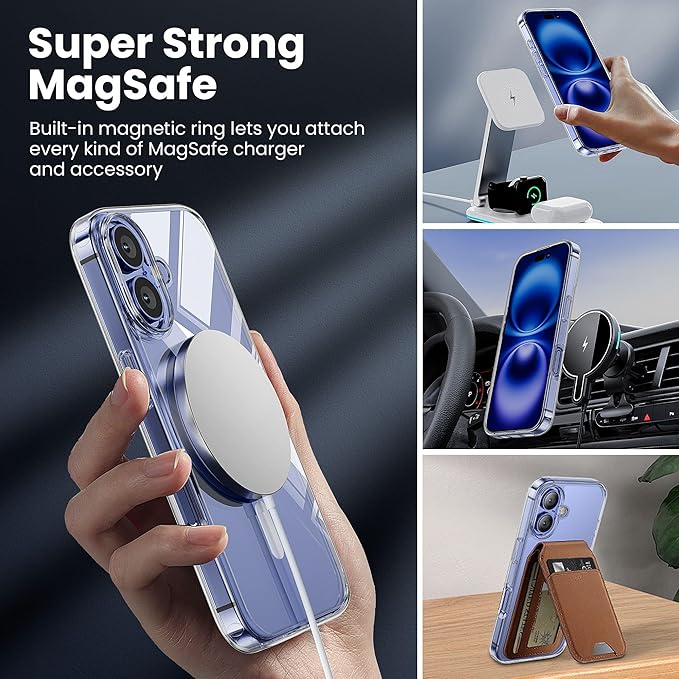for iPhone 16 Case, Compatible with Magsafe [Yellowing Resistant] with 1X Screen Protector + 1X Camera Lens Protector, Military-Grade Protection, Clear Case for iPhone 16-Clear