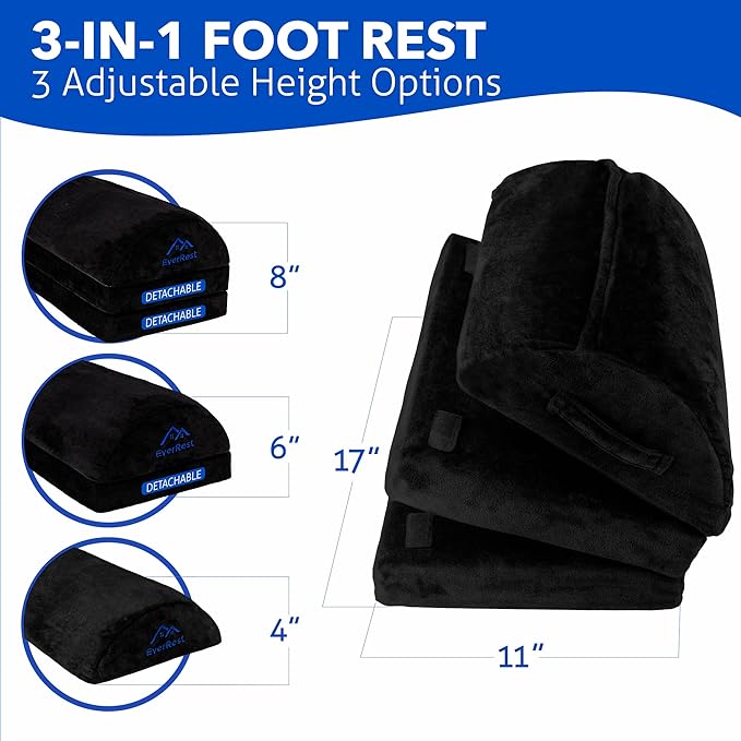 EverRest Under Desk Footrest for Office Use - Warmer Feet, 3 Adjustable Heights - Tall Ergonomic Foot Rest Stool for Gaming Chair, Computer - Leg Support for Work from Home