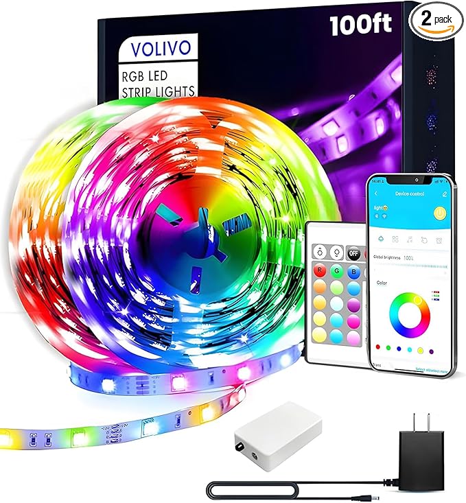 VOLIVO 100ft Led Strip Lights for Bedroom, Color Changing Led Light Strips Kit with 24 Keys IR Remote and Smart App Control, RGB Music Sync Lighting for Room, Home Decor