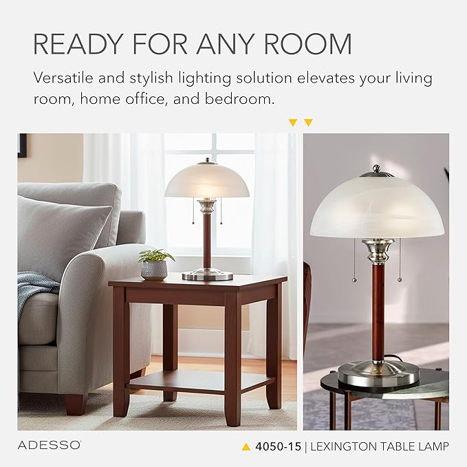 Adesso Table Lamp with Dual Pull Chains, Walnut Rubberwood Finish, Frosted Glass Shade – Bedside Table, Home Office Lighting, or Living Room Decor, 22.5” x 13.5”