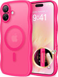 CAPRARO for iPhone 16 Case for Women Girls, Upgraded [Full Camera Protection] [Compatible with MagSafe] Cute Wave Translucent Matte Phone Case for iPhone 16, Hot Pink
