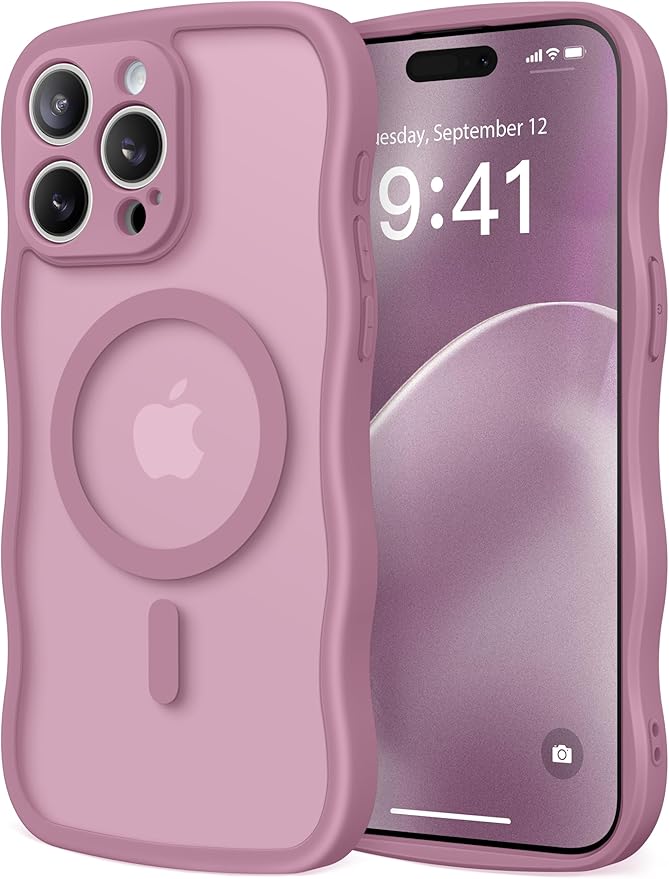 CAPRARO Cute for iPhone 15 Pro Max Case, Compatible with MagSafe, [Curly Wave Edge] [Full Camera Protection] [14 FT Drop Protection] Magnetic Phone Case for 15 Pro Max 6.7 Inch, Black Currant