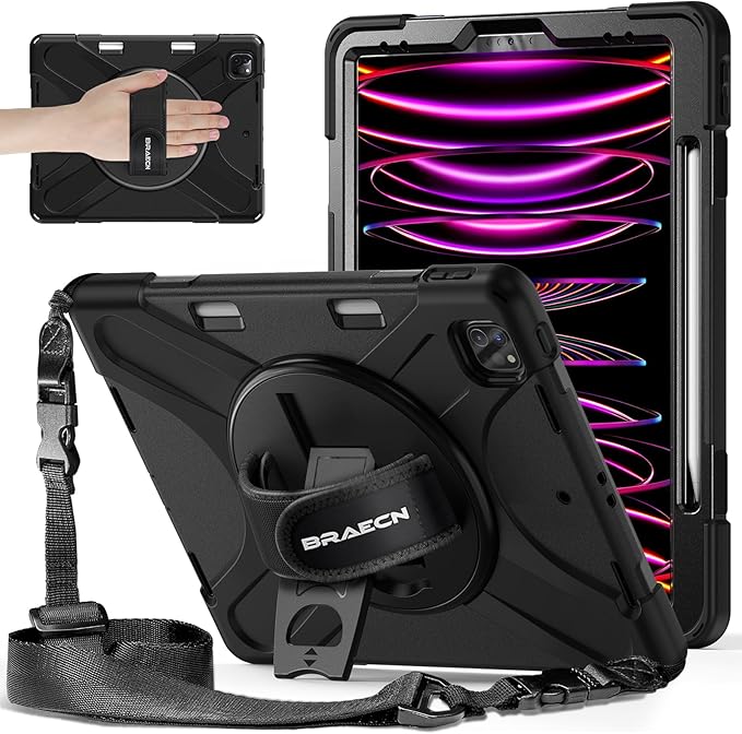 BRAECNstock for Apple iPad Air 13 inch (M4/M3/M2)/ iPad Pro 12.9 inch 6th/5th/4th/3rd Gen Case, Shockproof Protective iPad Kids Case with Pen Holder, Rotating Stand & Hand Strap, Shoulder Strap, Black