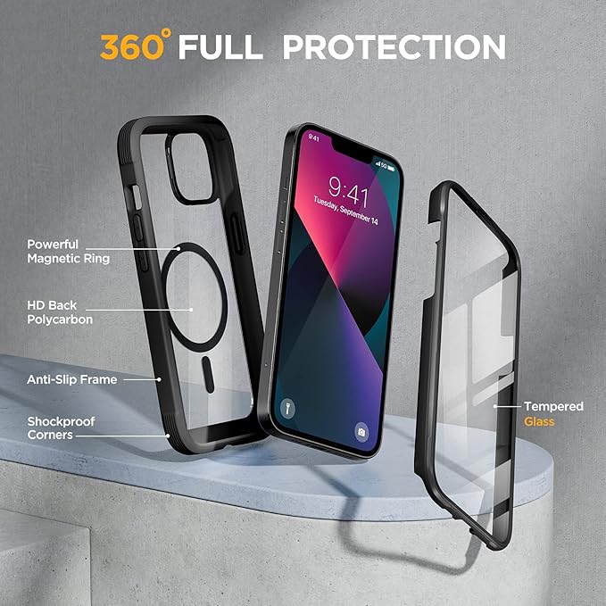 Miracase for iPhone 13 Case 6.1'',Full-Body Magnetic Clear Bumper Case with Built-in 9H Tempered Glass Screen Protector,Military Drop Protection Outdoor Phone Case,Black