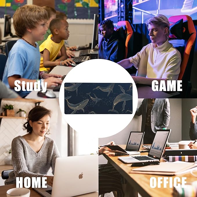 Whales in Gold Line Desk Mat,Large Gaming Mouse Pad,Non-Slip Rubber Base Desk Pad with Stitched Edges for Desk Office Home Decor 35.4X15.7 Inch