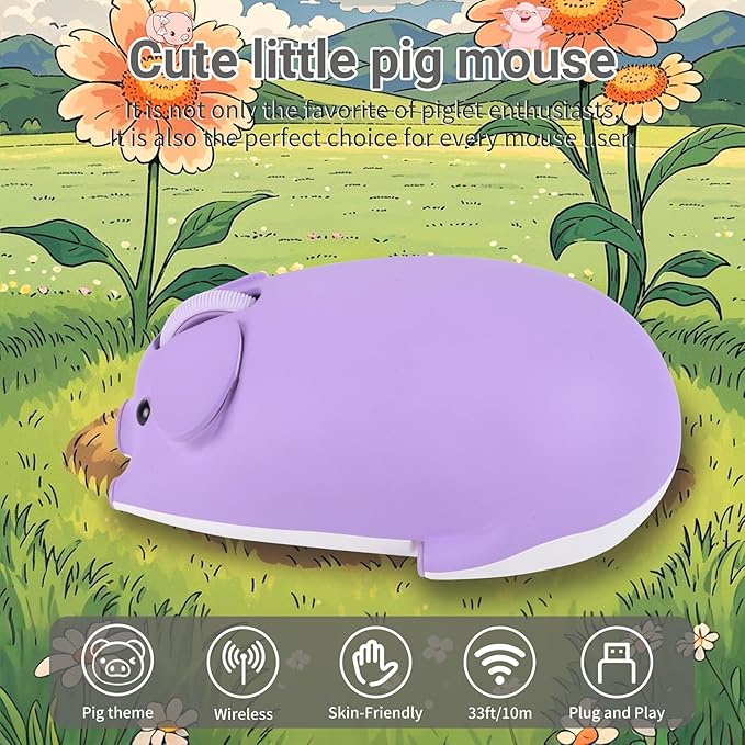 elec Space Cute Pig Design Wireless Mouse Dual Mode Bluetooth & USB Mouse, Silent Operation, Ergonomic, Perfect for Laptops & PCs, Ideal Gift for Animal Lovers and Family(Purple)
