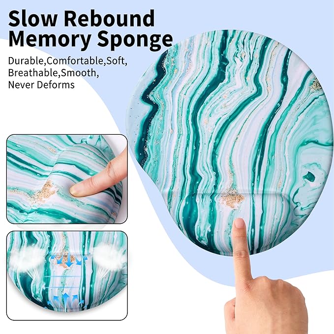 Ergonomic Mouse Pad with Wrist Support,Cute Mouse Pads with Wrist Rest,Comfortable Mouse Pad for Home Office Gaming Working Computers Laptop,Pain Relief with Non-Slip PU Base (Green Marble)