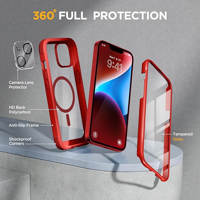 Miracase Glass Series Designed for iPhone 14 Plus Case 6.7 inch, 2023 Upgrade Full-Body Magnetic Clear Case with Built-in 9H Tempered Glass Screen Protector,Compatible with MagSafe, Red