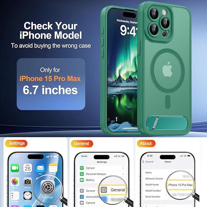 Magnetic Compatible with iPhone 15 Pro Max Case, [Built-in Kickstand][Full Camera Protection][Compatible with MagSafe][Anti-Fingerprint] Shockproof Phone Case for iPhone 15 Pro Max 6.7",Cyan