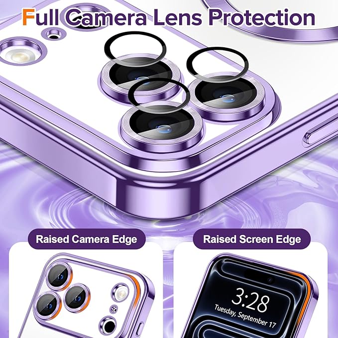 Hython Magnetic Clear for iPhone 17 Pro Max Case with Camera Lens Protector [Compatible with MagSafe] Plating Edge Slim Soft TPU Cover Protective Phone Case for iPhone 17 Pro Max 6.9", Light Purple