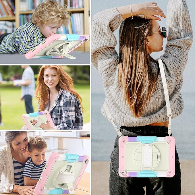 HXCASEAC Rugged Case for iPad Pro 9.7, iPad Air 2, 9.7 inch, Full Body Protective Design with Pencil Holder, Built-in Screen Protector, Rotating Stand, Hand Strap, for iPad Air 2 Hard Case (Pink)