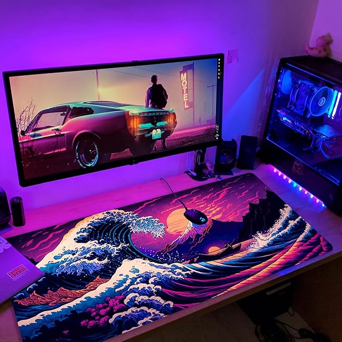 Simpkeely Japanese Sea Wave Mouse Pad, Blacklight Kanagawa Waterproof Gaming Extended Large Desk Pad Long Computer Keyboard Big Mouse Mat with 3mm Non-Slip Rubber Base for Office Home - 31.5" x 11.8"