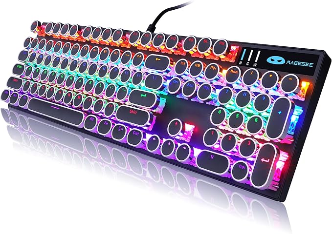 Camiysn Typewriter Style Mechanical Gaming Keyboard, Black Retro Punk Gaming Keyboard with RGB Backlit, 104 Keys Blue Switch Wired Cute Keyboards, Round Keycaps for Windows/Mac/PC